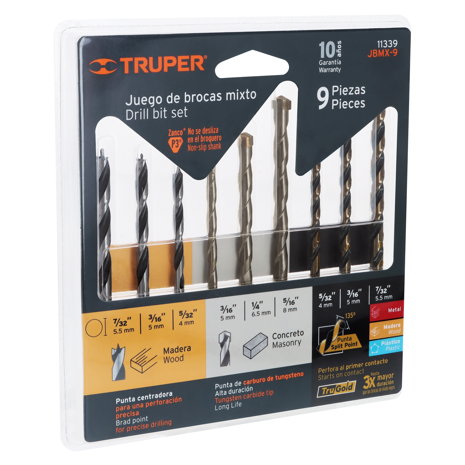 Juego Brocas Truper 11339 Metal, Concreto y Madera 9 Piezas