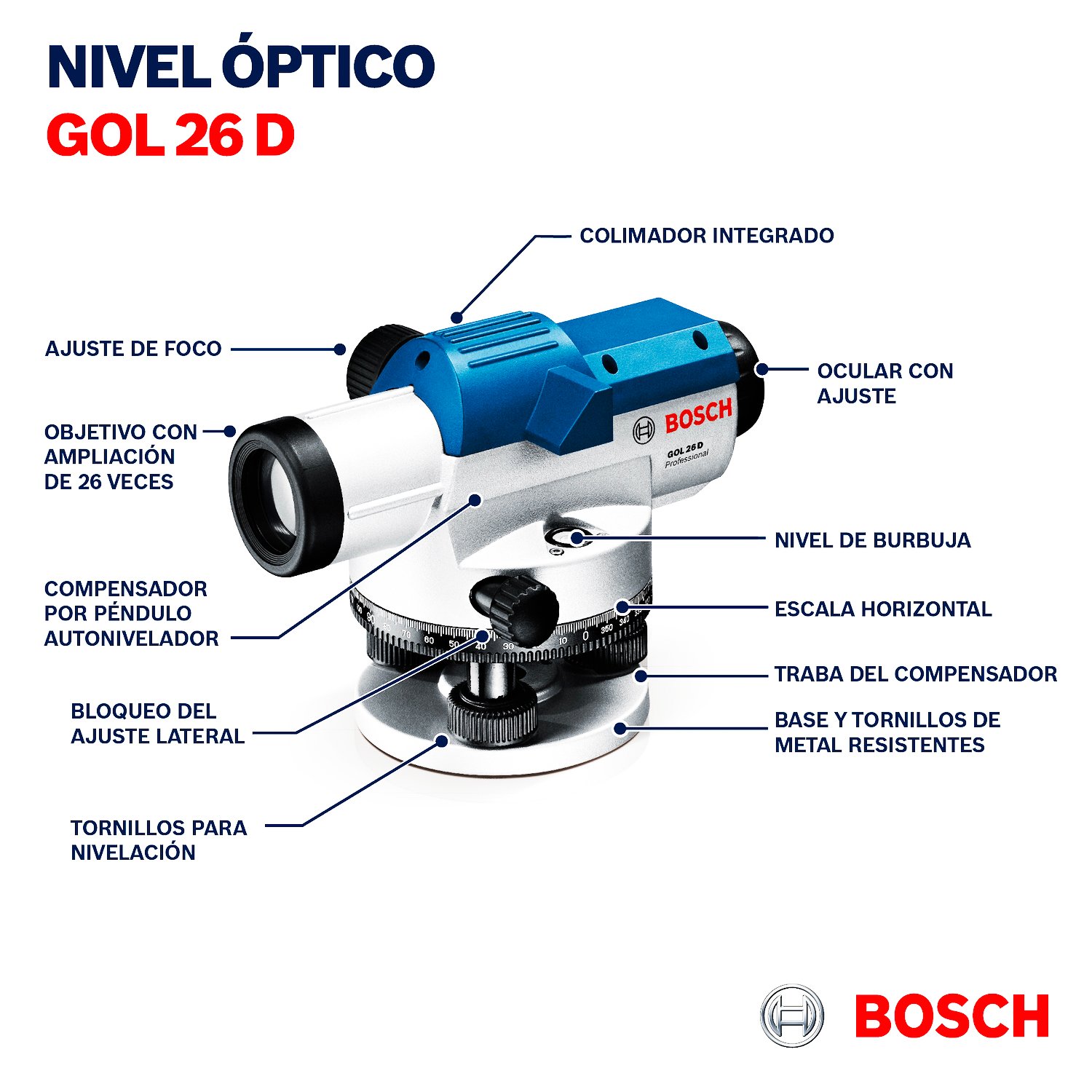 Nivel Óptico Bosch GOL 26 D 26x Aumento 100 metros