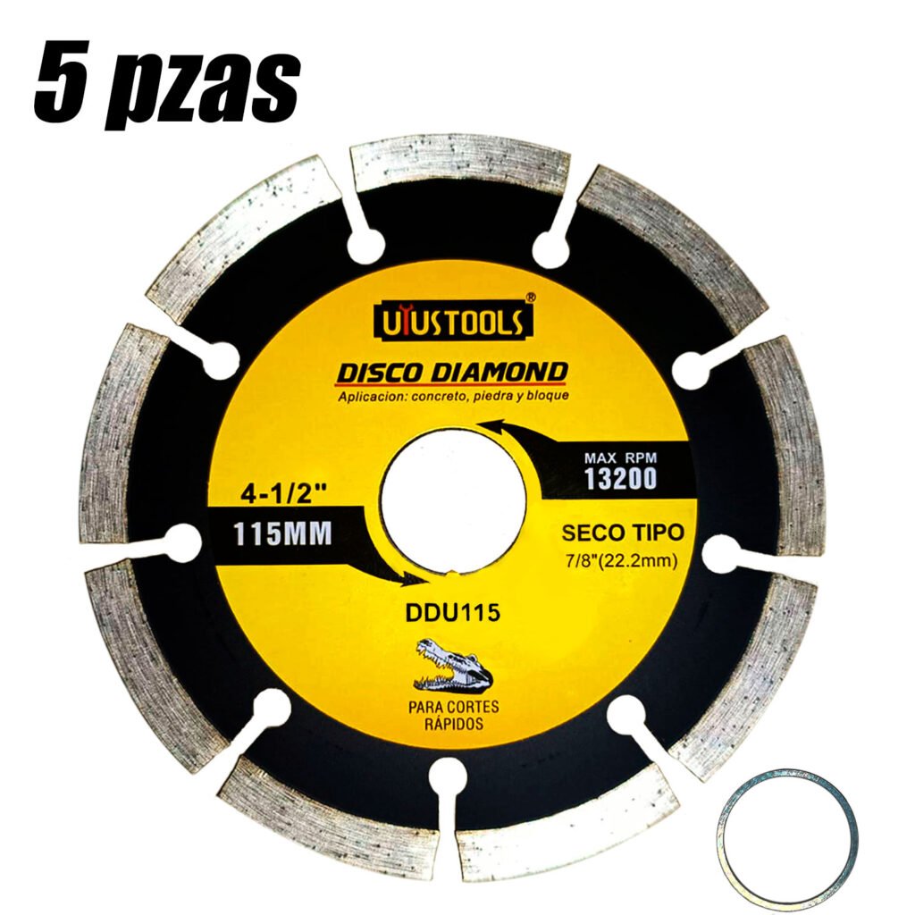 Disco Diamantado Segmentado 4.5" x 7/8", 3/4" Uyustools DDU115-5 Corte Concreto x 5 pzas