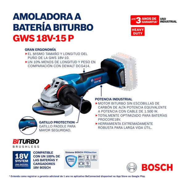 Amoladora Esmeril Angular 5" Bosch 18V GWS 18V-15 P 18V Procore Hombre Muerto Brushless