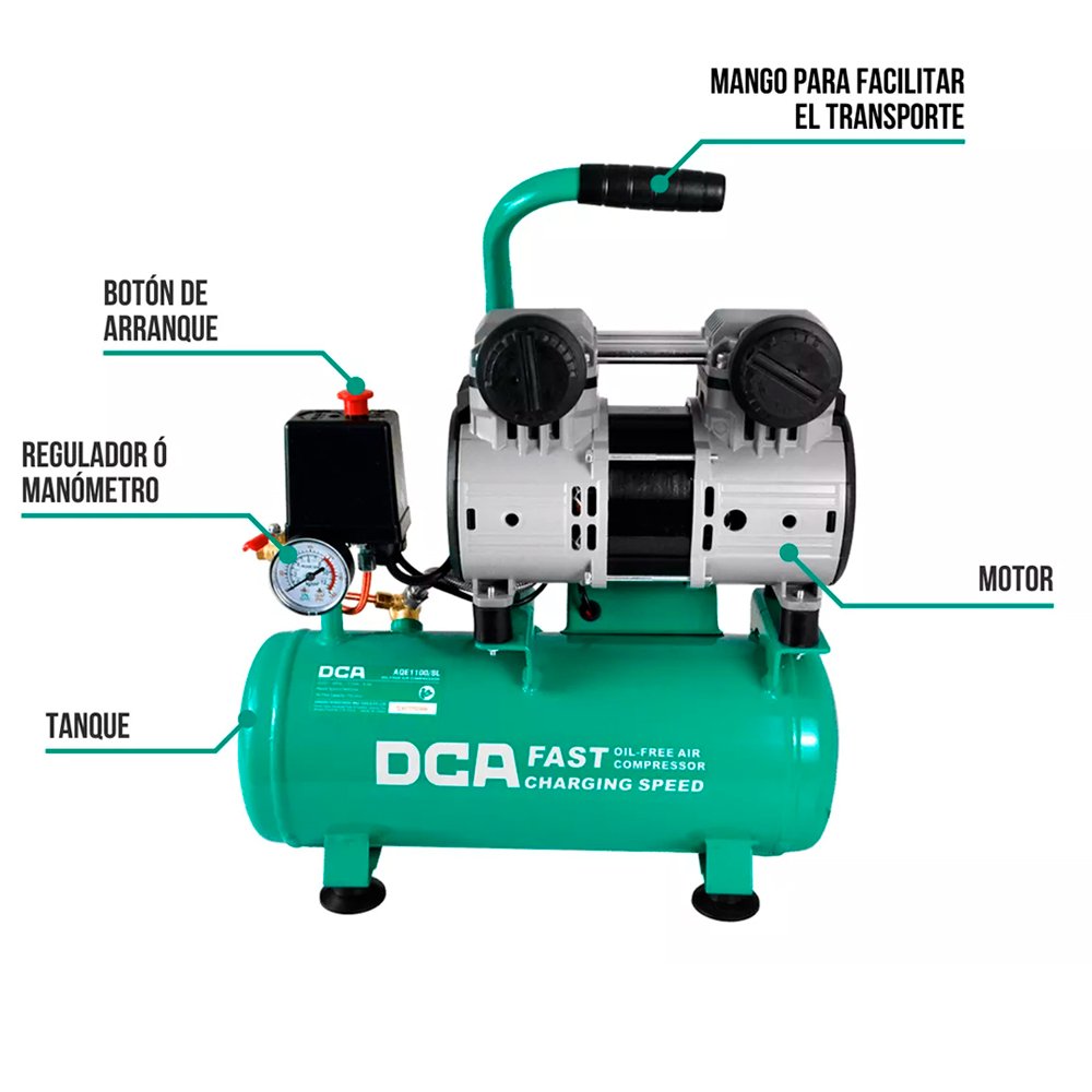 Compresora Silenciosa sin Aceite Industrial DCA AQE1100/8L 8 Litros 1100W