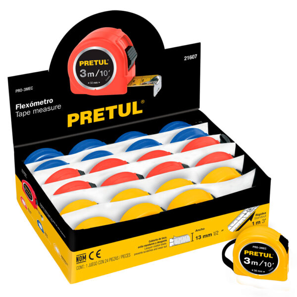 Cinta Metrica Flexometro Wincha Pretul 21607 3m x 13mm caja expositora con 24Pcs