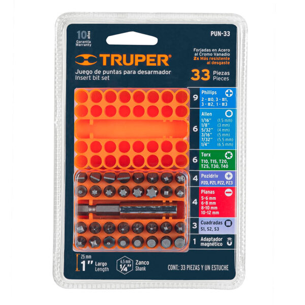 Juego de Punteras Mixtas y Adapador Magnetico Truper 17788 1" x 33Pcs