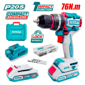 Taladro Atornillador Percutor Industrial 1/2″ Total TIDLI20768 20V 76Nm 2Bat x 2Ah Brushless + Accesorios