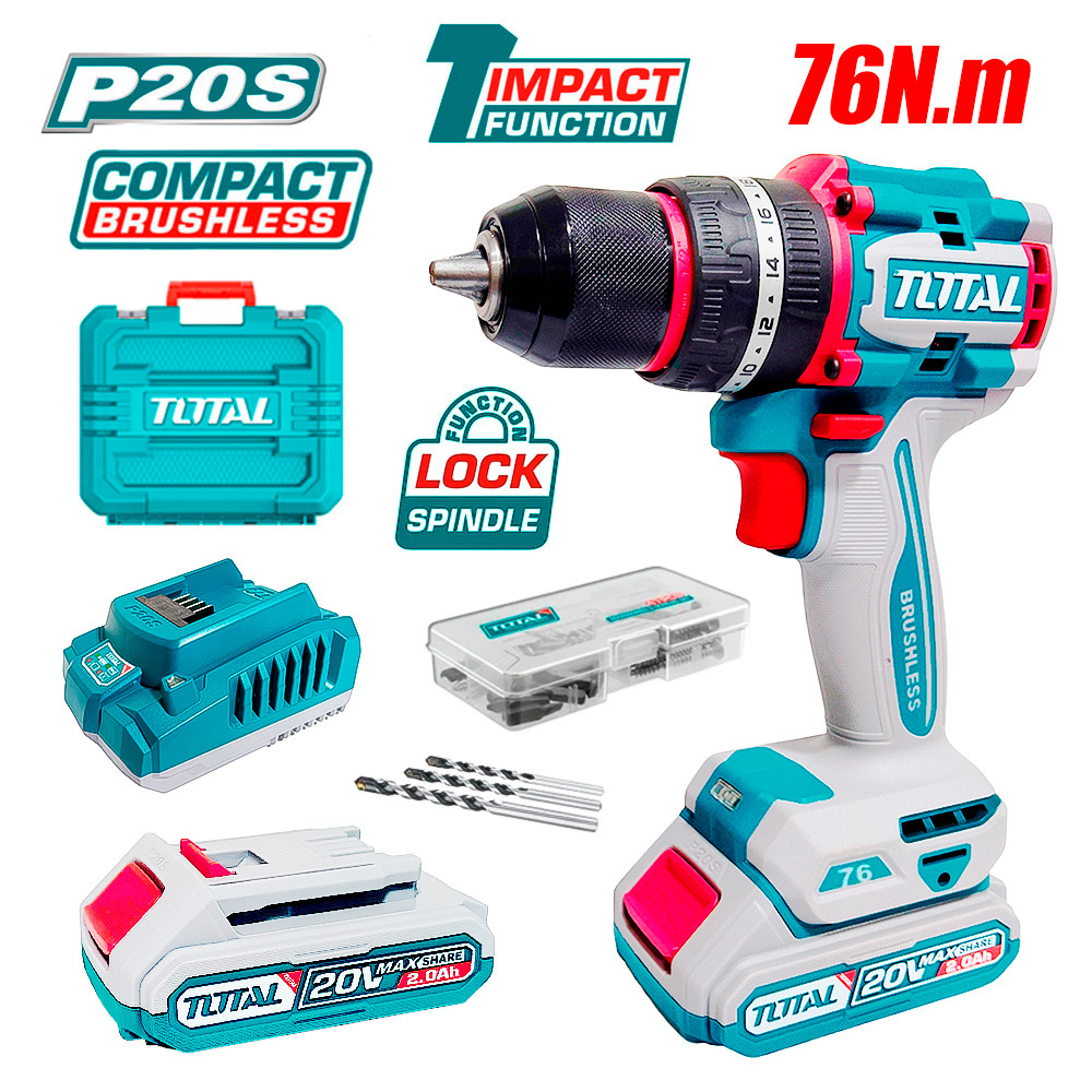 Taladro Atornillador Percutor Industrial 1/2″ Total TIDLI20768 20V 76Nm 2Bat x 2Ah Brushless + Accesorios