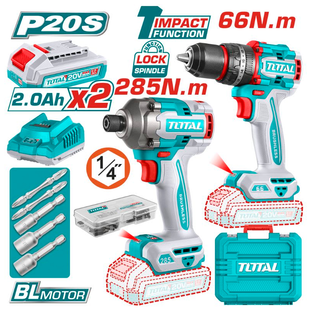 Combo Kit Total TCKLI20277 Taladro Percutor 66Nm + Atornillador Impacto 285Nm 20V Brushless
