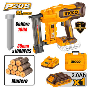Clavadora Inalambrica Calibre 18 Ingco CBNLI2008 20V P/ Madera y Placa de Yeso 15-35mm
