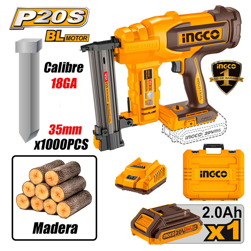 Clavadora Inalambrica Calibre 18 Ingco CBNLI2008 20V P/ Madera y Placa de Yeso 15-35mm