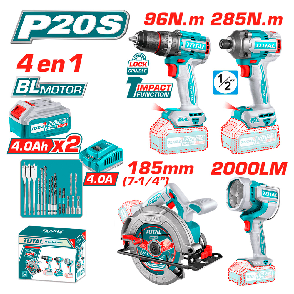Combo Total TOSLI241297 Taladro Percutor 96Nm + Atornillador Impacto 285Nm + Sierra Cir. + Linterna
