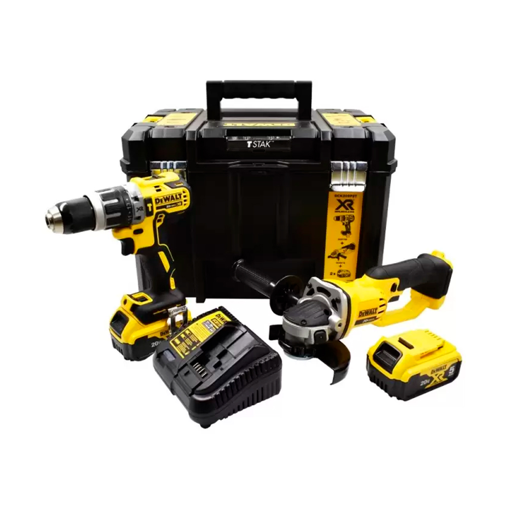 Combo Dewalt DCK209P2T 20V XR MAX Taladro Percutor DCD796B + Amoladora 4.5" DCG412B 2BAt x 5Ah