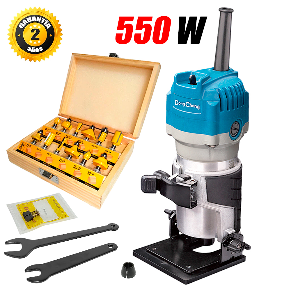 Ruteadora Fresadora Tupi de Mano 1/4" Dongcheng DMP04-6B 550W Base Inclinada + 12 Fresas