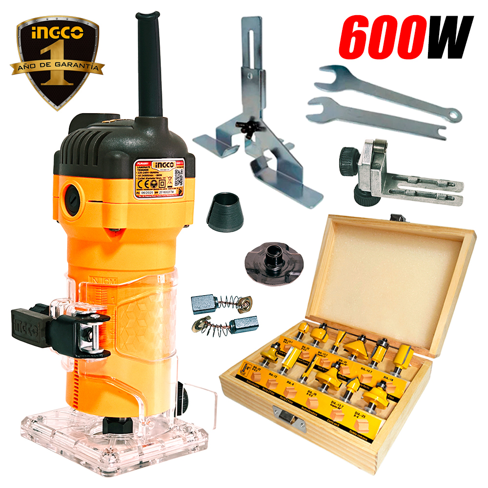 Ruteadora Fresadora Tupi de Mano 6mm, 1/4" Ingco PLM6001 600W 34500rpm + 12 Fresas
