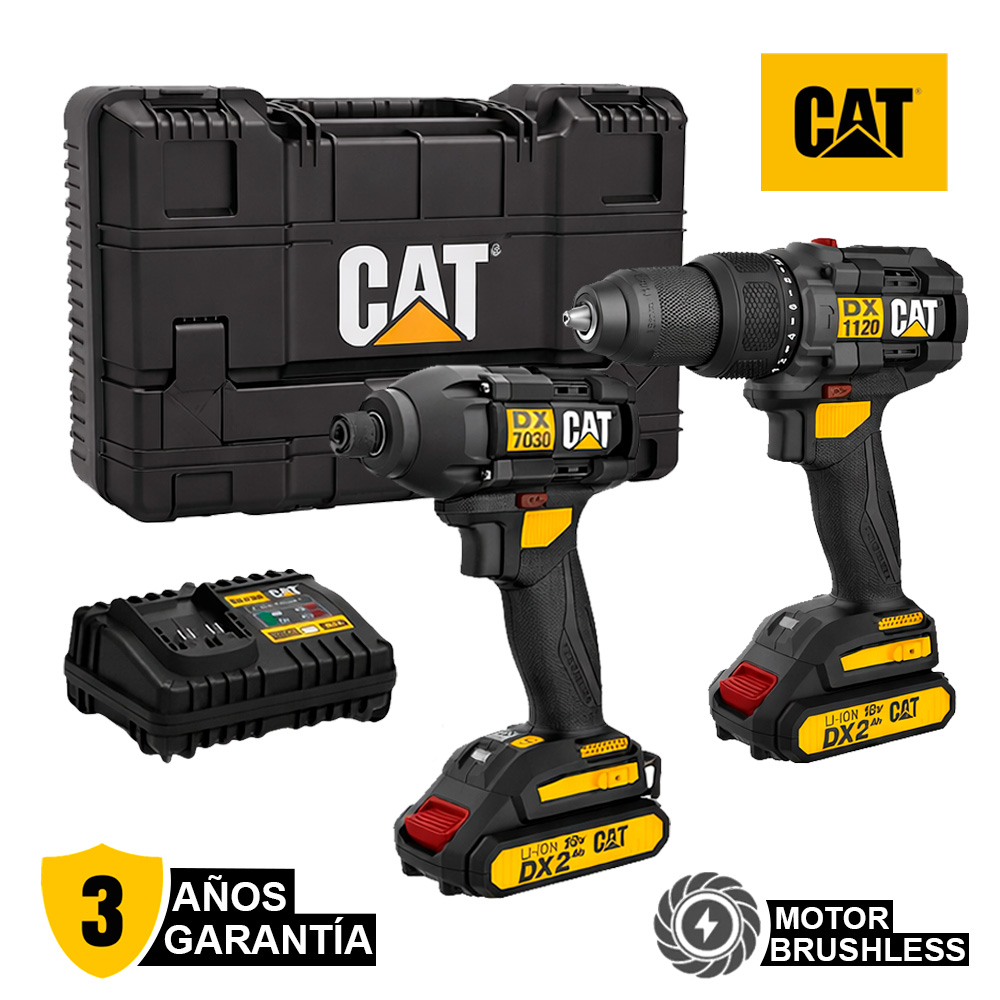Combo 18V Taladro Percutor 1/2"+ Atornillador de Impacto 1/4" CAT DXK201 Brushless