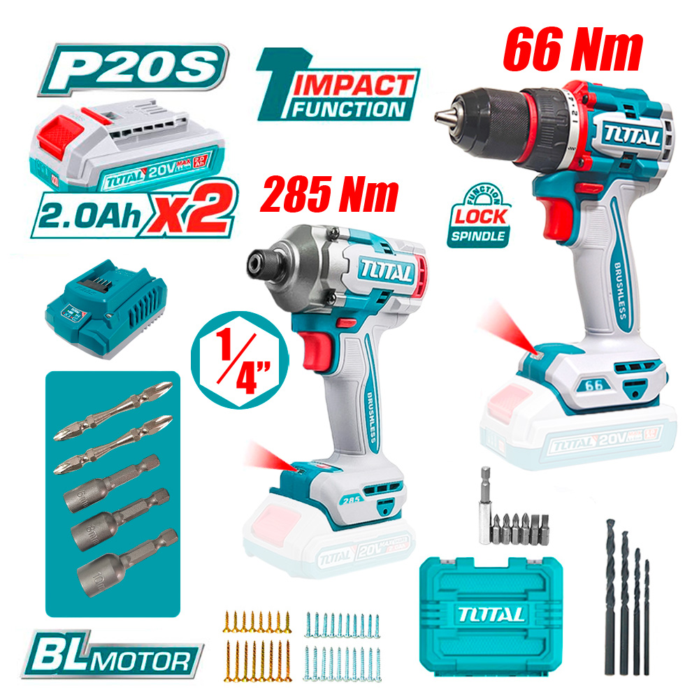 Combo Kit Total TCKLI20277 Taladro Percutor 66Nm + Atornillador Impacto 285Nm 20V Brushless