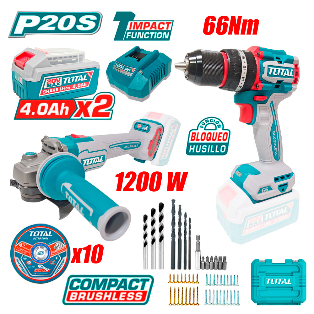 Combo Total TCKLI20256 Taladro Atornillador Percutor 66Nm + Amoladora 4.5″ 1200W 20V Brushless