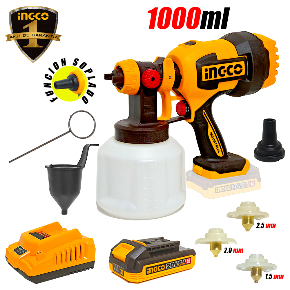 Pistola Pintar Inalambrica Vaso Plástico Ingco CSGLI20042 20V 1000ml 1Bat x 2Ah