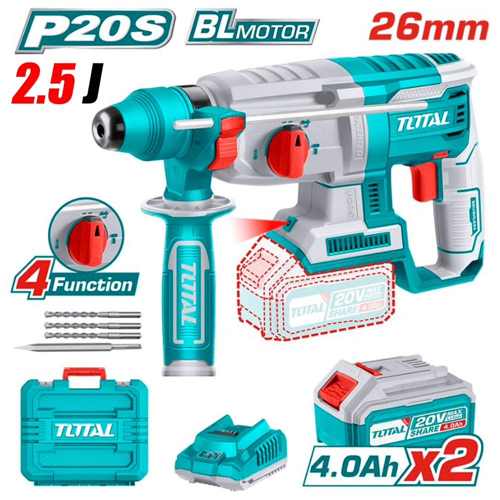 Rotomartillo Inalambrico Industrial SDS-Plus Total TRHLI202287 20V 2.5J 2Bat x 4Ah Brushless