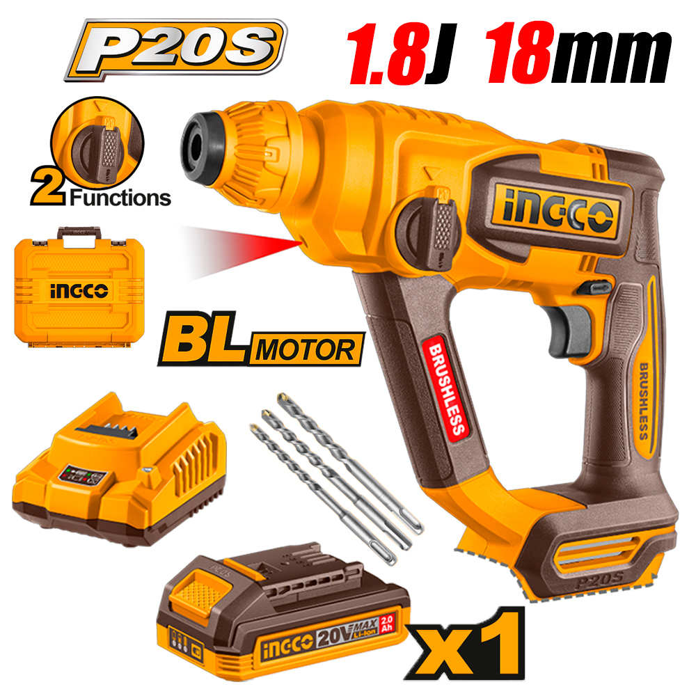 Rotomartillo SDS-Plus Inalambrico Ingco CRHLI201881 20V 1.8J 1Bat x 2Ah Brushless