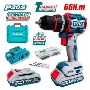 Taladro Atornillador Percutor Industrial 1/2" Total TIDLI20668 20V 66Nm 2Bat x 2Ah Brushless + Accesorios