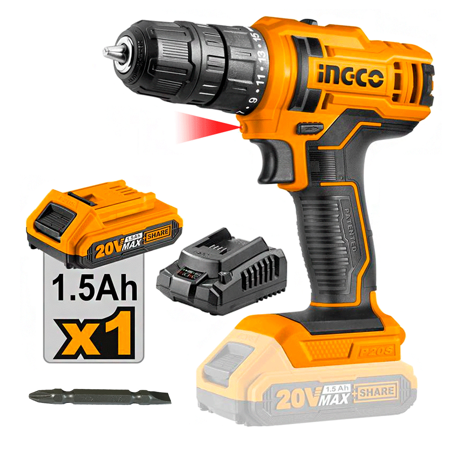 Taladro Atornillador 3/8" Ingco CDLI20051 20V 45Nm 1Bat X 1.5Ah