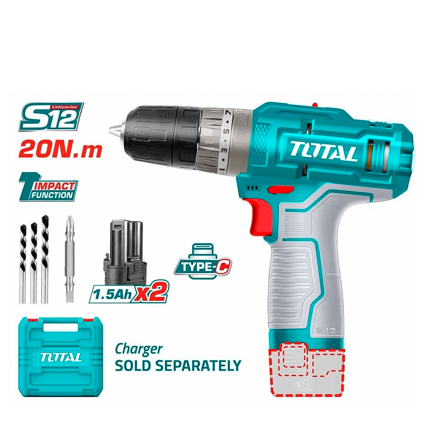 Taladro Atornillador Percutor 3/8" Total TIDLI12202 12V 20Nm 2Bat x 1.5Ah