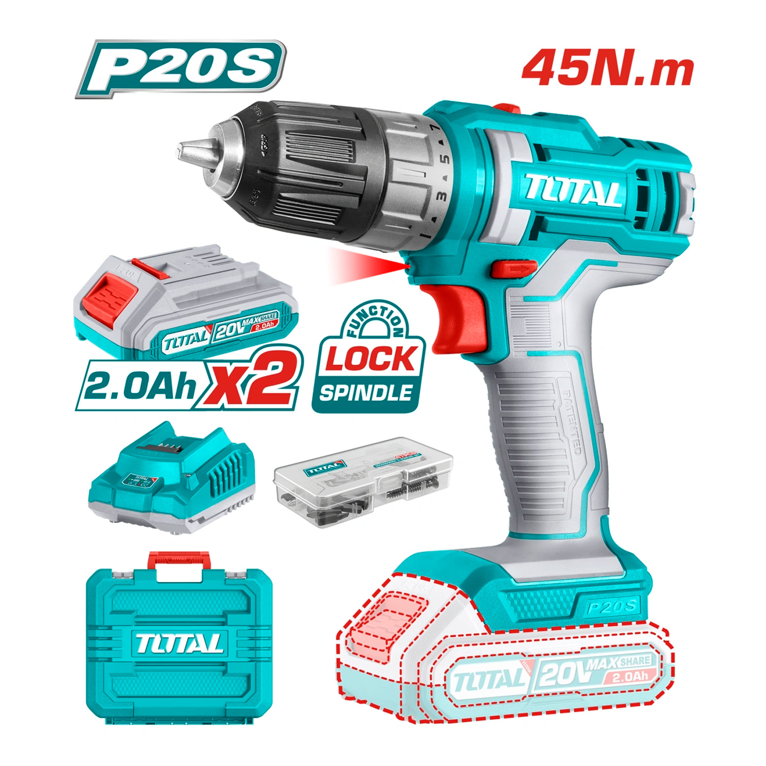 Taladro Atornillador 3/8″ Total TDLI200528 20V 45Nm 2Bat X 2Ah + 47 PCS