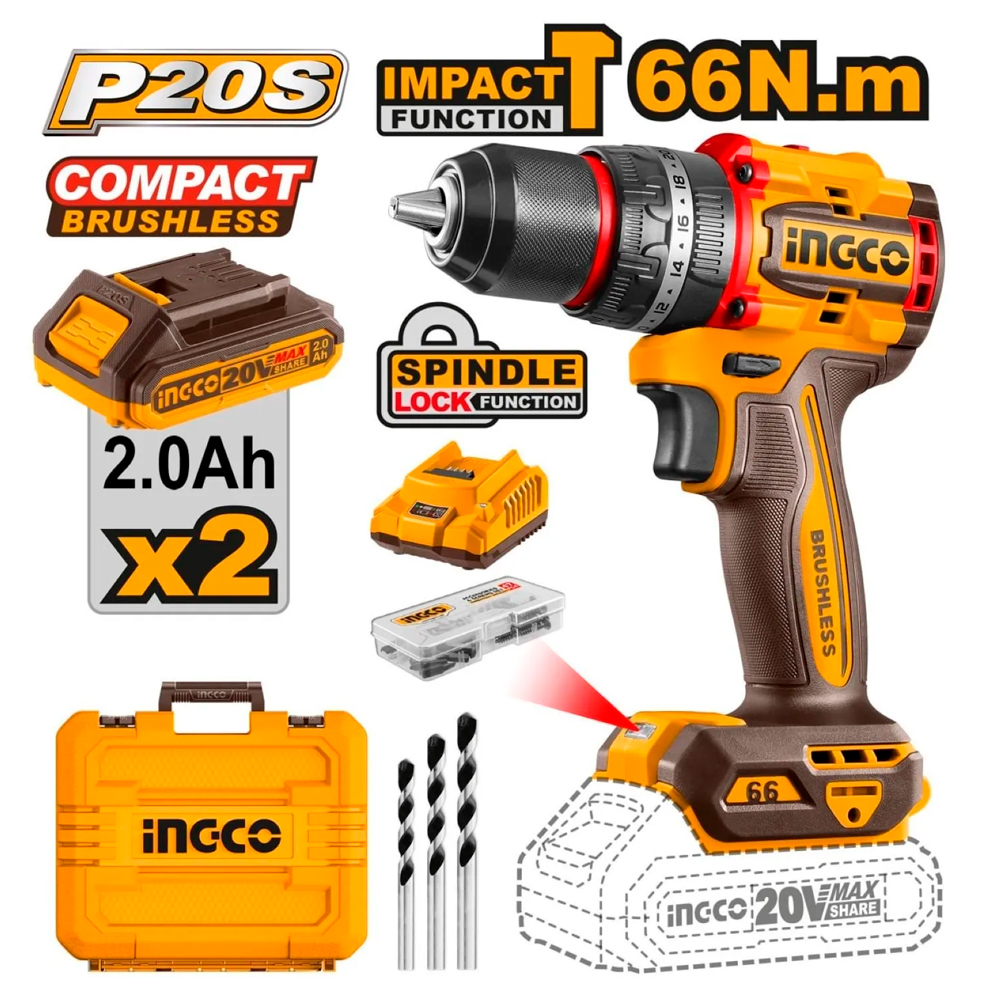 Taladro Atornillador Percutor Industrial 1/2" Ingco CIDLI20668 20V 66Nm 2Bat x 2Ah Brushless + Accesorios