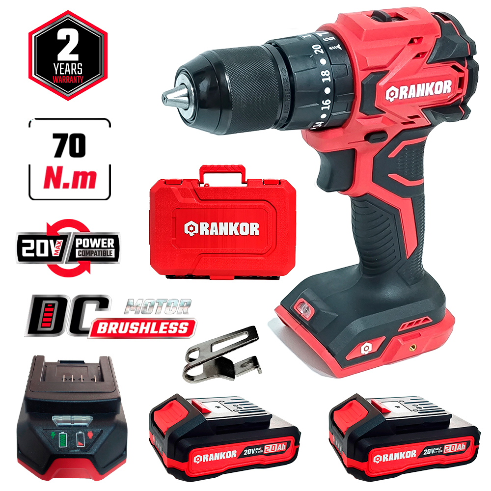 Taladro Atornillador Percutor Industrial 1/2" Rankor RLID20002 20V 70Nm 2Bat x 2Ah Brushless