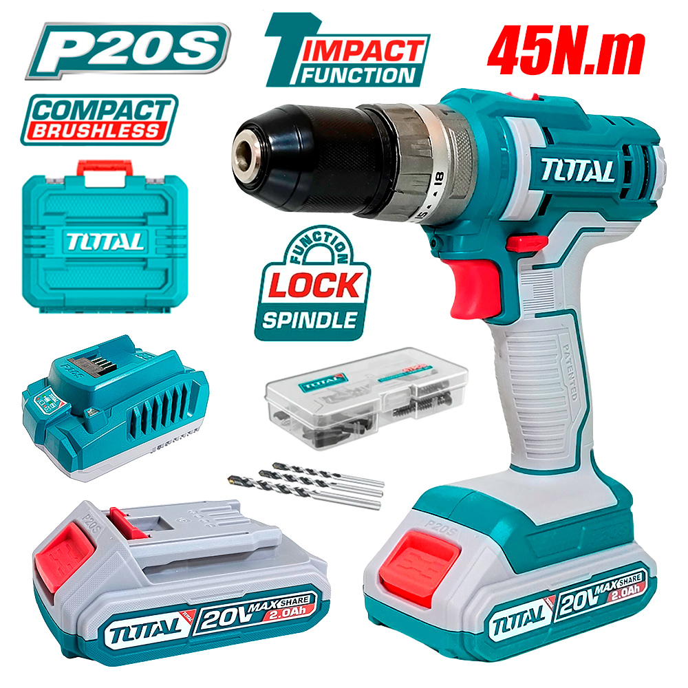 Taladro Atornillador Percutor 3/8" Total TIDLI201452 20V 45Nm 2Bat x 2Ah + 47 PCS