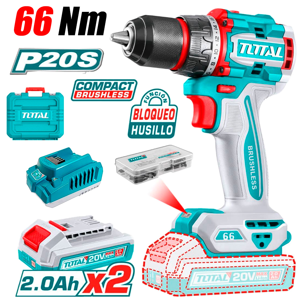 Taladro Atornillador Rotacion Industrial 1/2" Total TDLI20668 20V 66Nm 2Bat x 2Ah Brushless + Accesorios