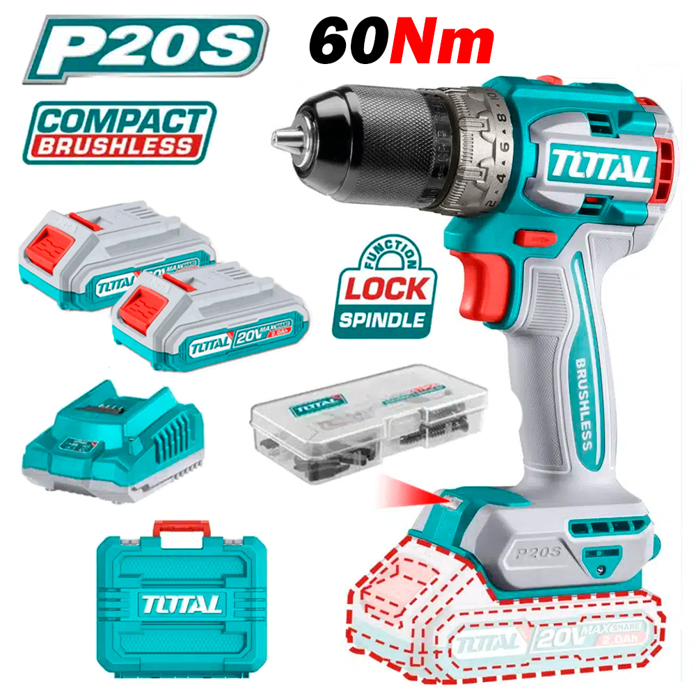 Taladro Atornillador Industrial 1/2" Total TDLI20602 20V 60Nm 2Bat x 2Ah Brushless + Accesorios