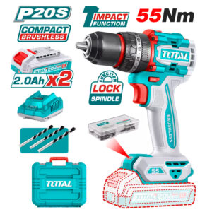 Taladro Atornillador Percutor Industrial 1/2" Total TIDLI20558 20V 55Nm 2Bat x 2Ah Brushless + Accesorios