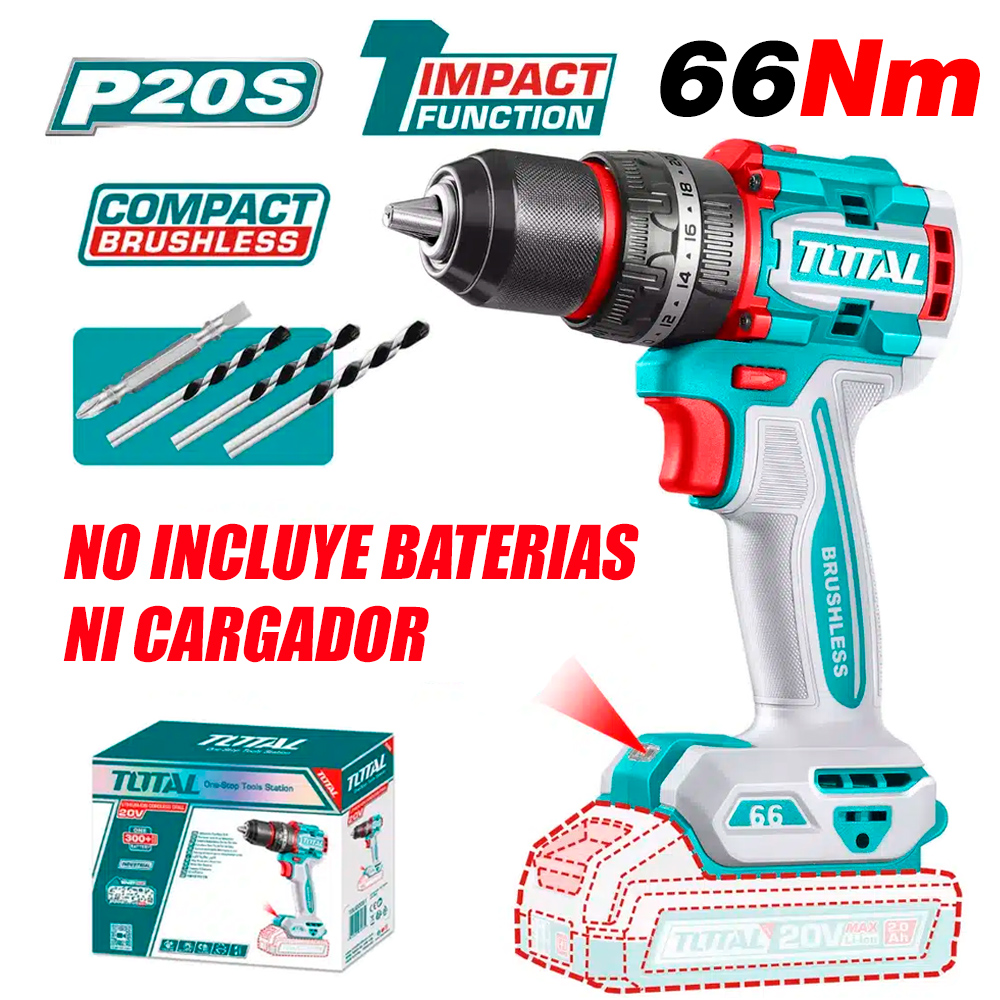 Taladro Atornillador Percutor Industrial 1/2" Total TIDLI206681 20V 66Nm Brushless Sin Baterias