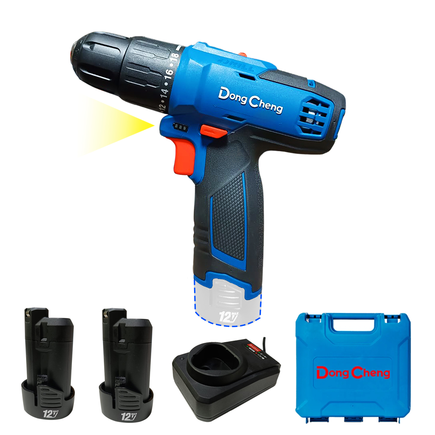 Taladro Atornillador Percutor 3/8" Dongcheng DCJZ1202iE 12V 35Nm 2Bat x 2Ah