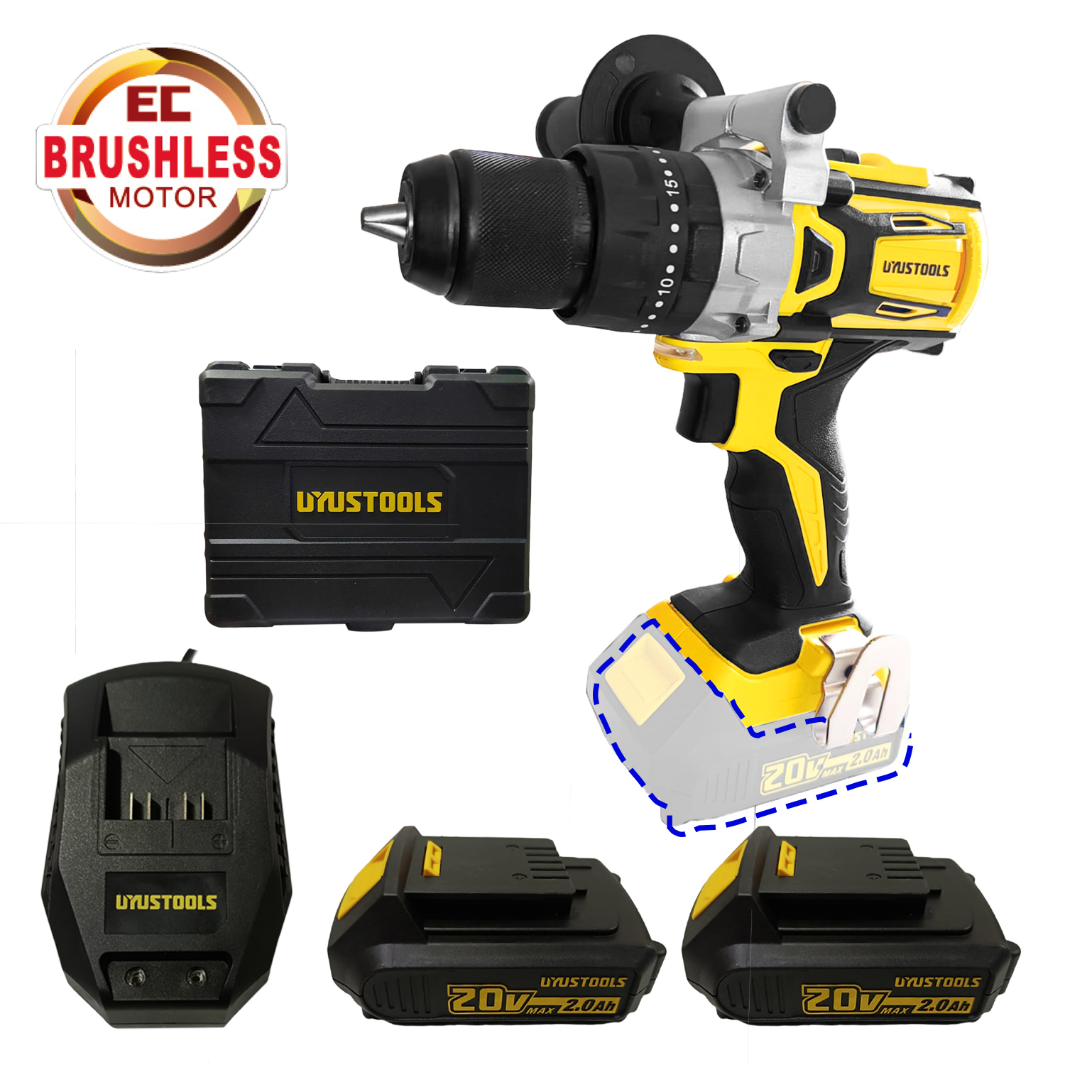 Taladro Atornillador Percutor 1/2" UYUSTOOLS UY-ITL202 20V 60Nm 2Bat x 4Ah Brushless