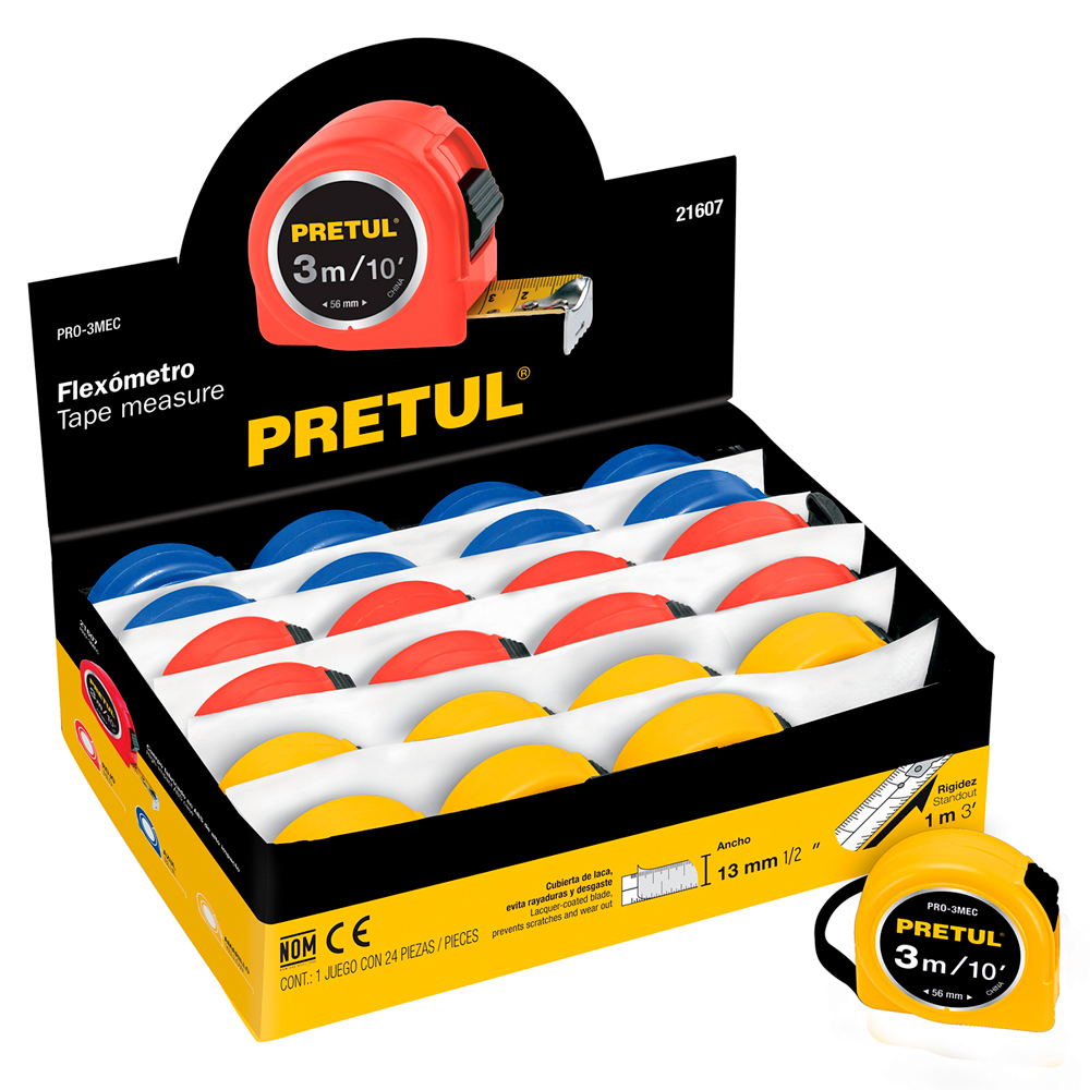 Cinta Metrica Flexometro Wincha Pretul 21607 3m x 13mm caja expositora con 24Pcs