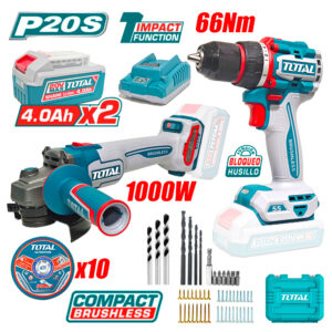 Combo Total TCKLI20273 Taladro Atornillador Percutor 66Nm + Amoladora 4.5" 1000W 20V Brushless