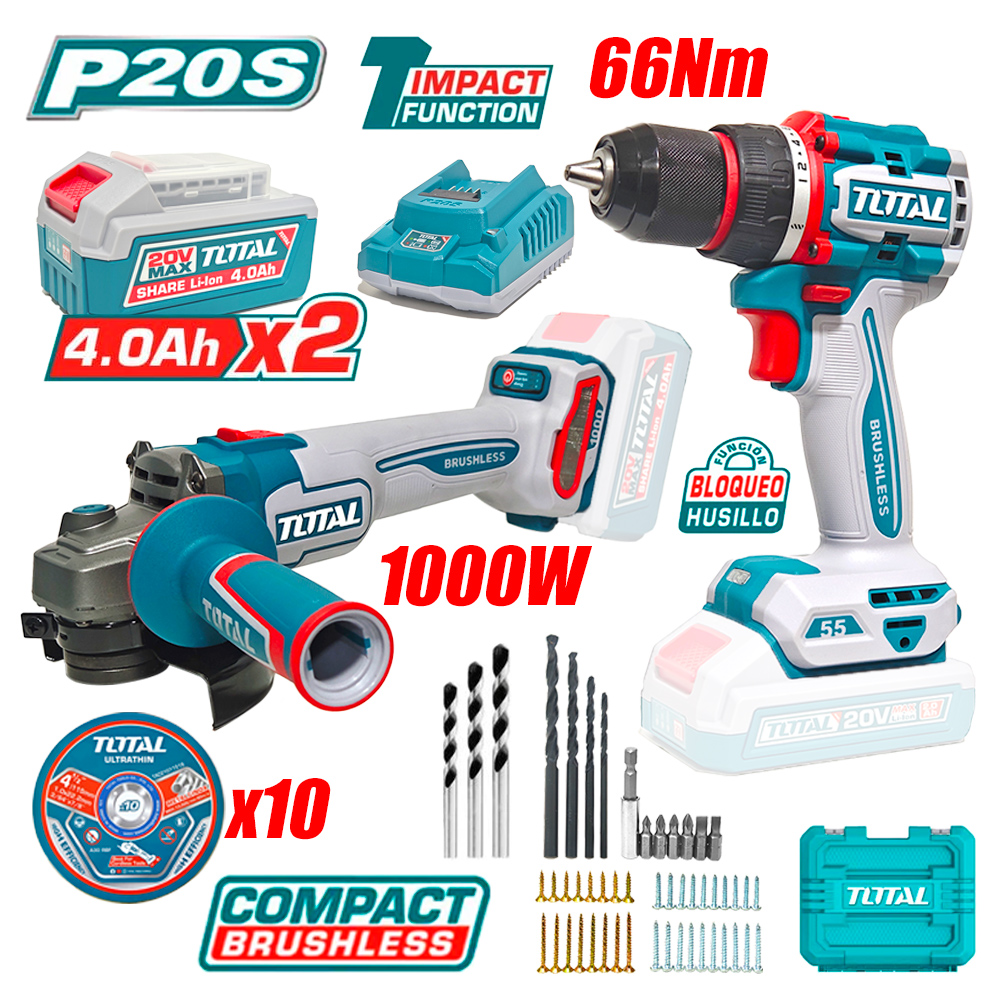 Combo Total TCKLI20273 Taladro Atornillador Percutor 66Nm + Amoladora 4.5" 1000W 20V Brushless